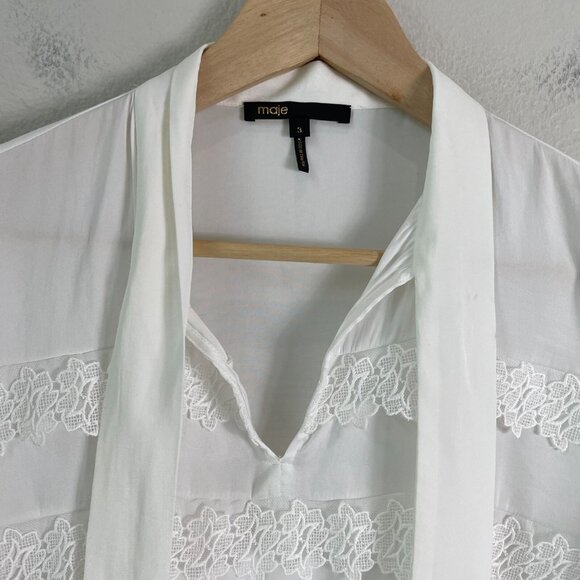 Maje 3 Womens Large Ivory Ruffle Blouse Tie Neck Long Sleeve Shirt Top - Picture 7 of 12